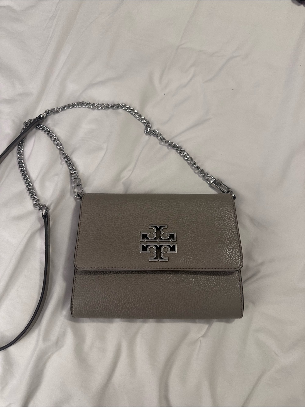 Tory Burch Taupe Pebbled Leather Chain-Shoulder Crossbody with Silver Logo